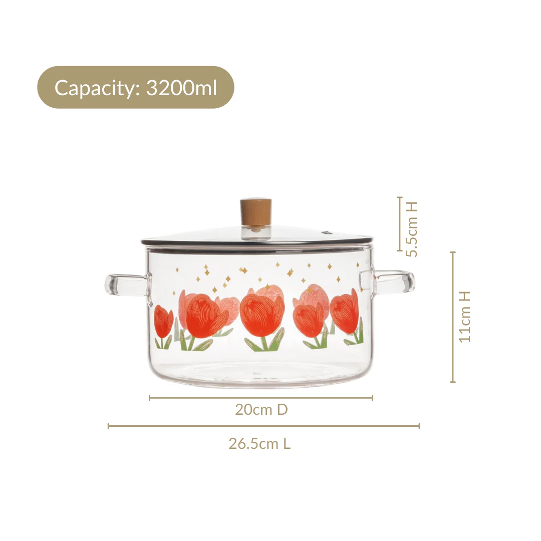 Floral Flame Safe Glass Cooking Pot With Lid 3200ml - Image 4