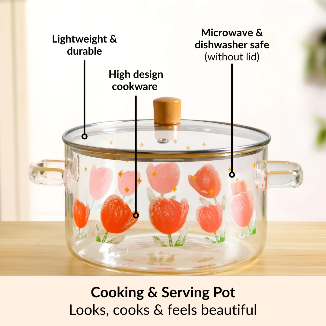 Floral Flame Safe Glass Cooking Pot With Lid 3200ml - Image 5