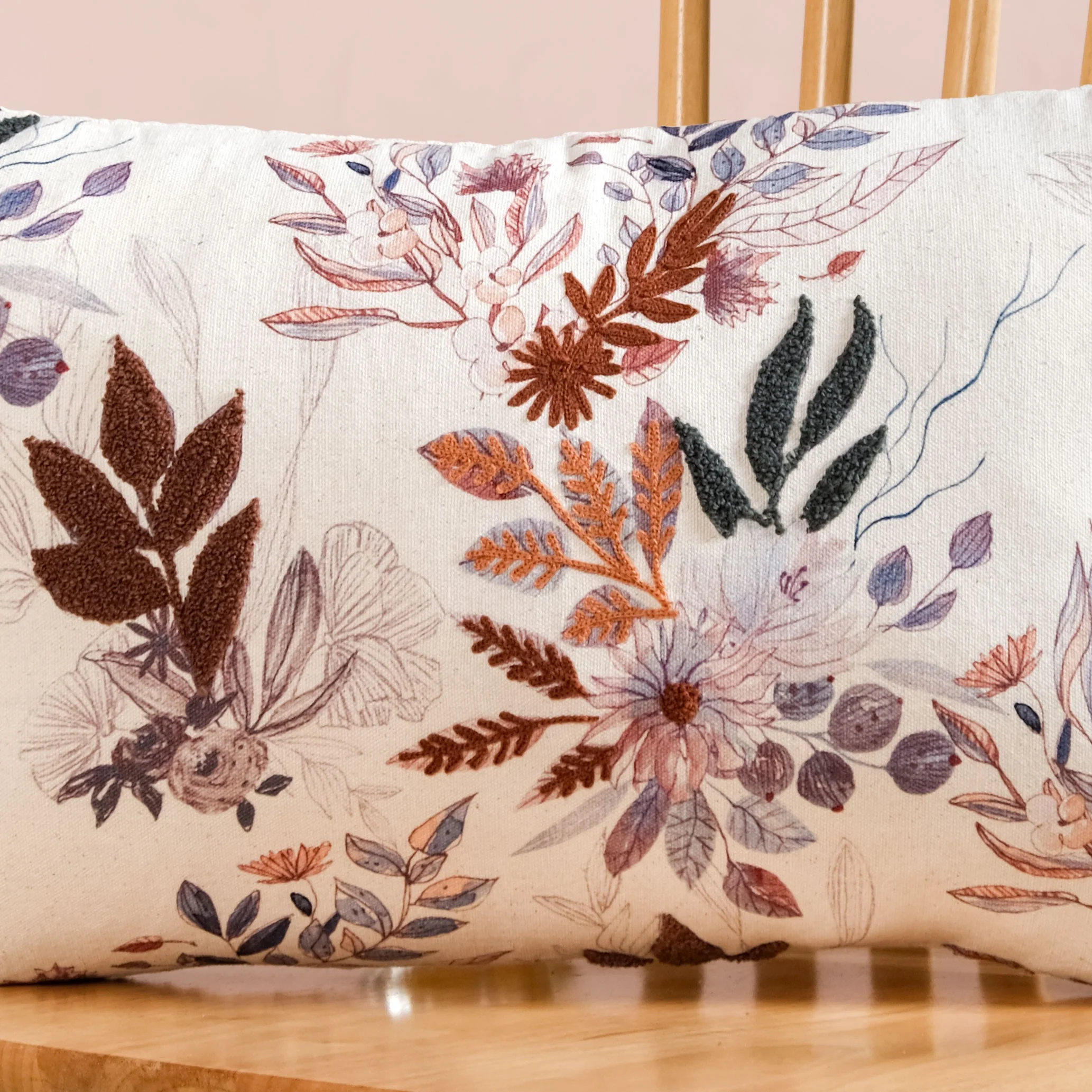 Floral Meadow Embroidered Cotton Cushion Cover 50x30cm - Image 2