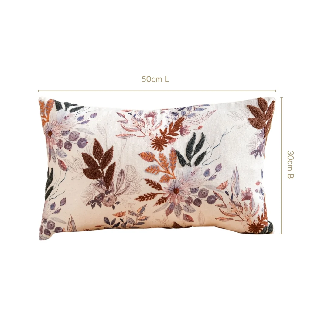 Floral Meadow Embroidered Cotton Cushion Cover 50x30cm - Image 3