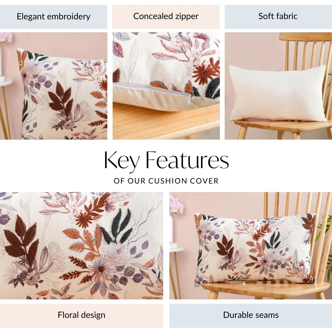 Floral Meadow Embroidered Cotton Cushion Cover 50x30cm - Image 4