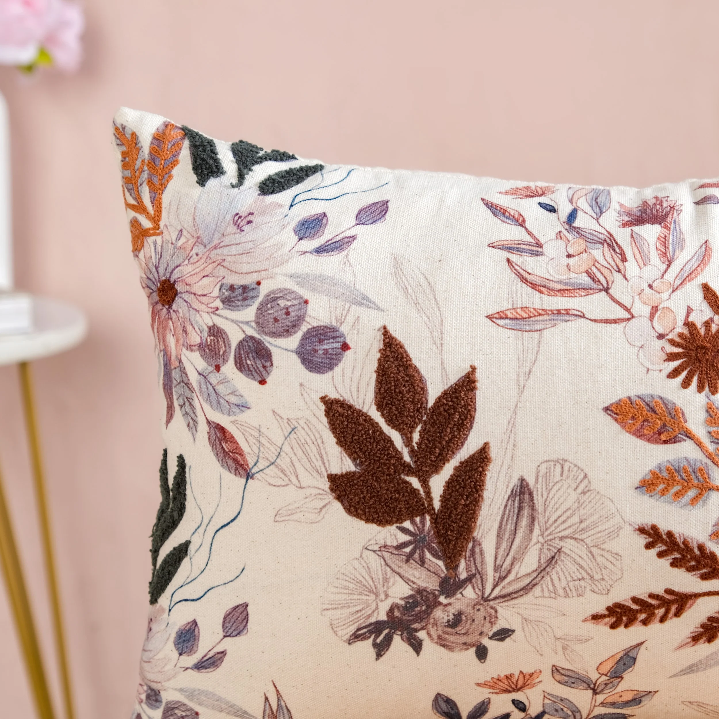 Floral Meadow Embroidered Cotton Cushion Cover 50x30cm - Image 6