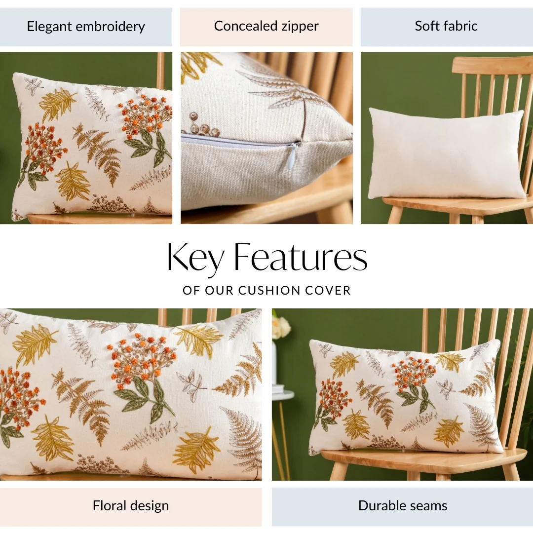 Floral Minimalism Embroidered Cotton Slub Cushion Cover 50x30cm - Image 4