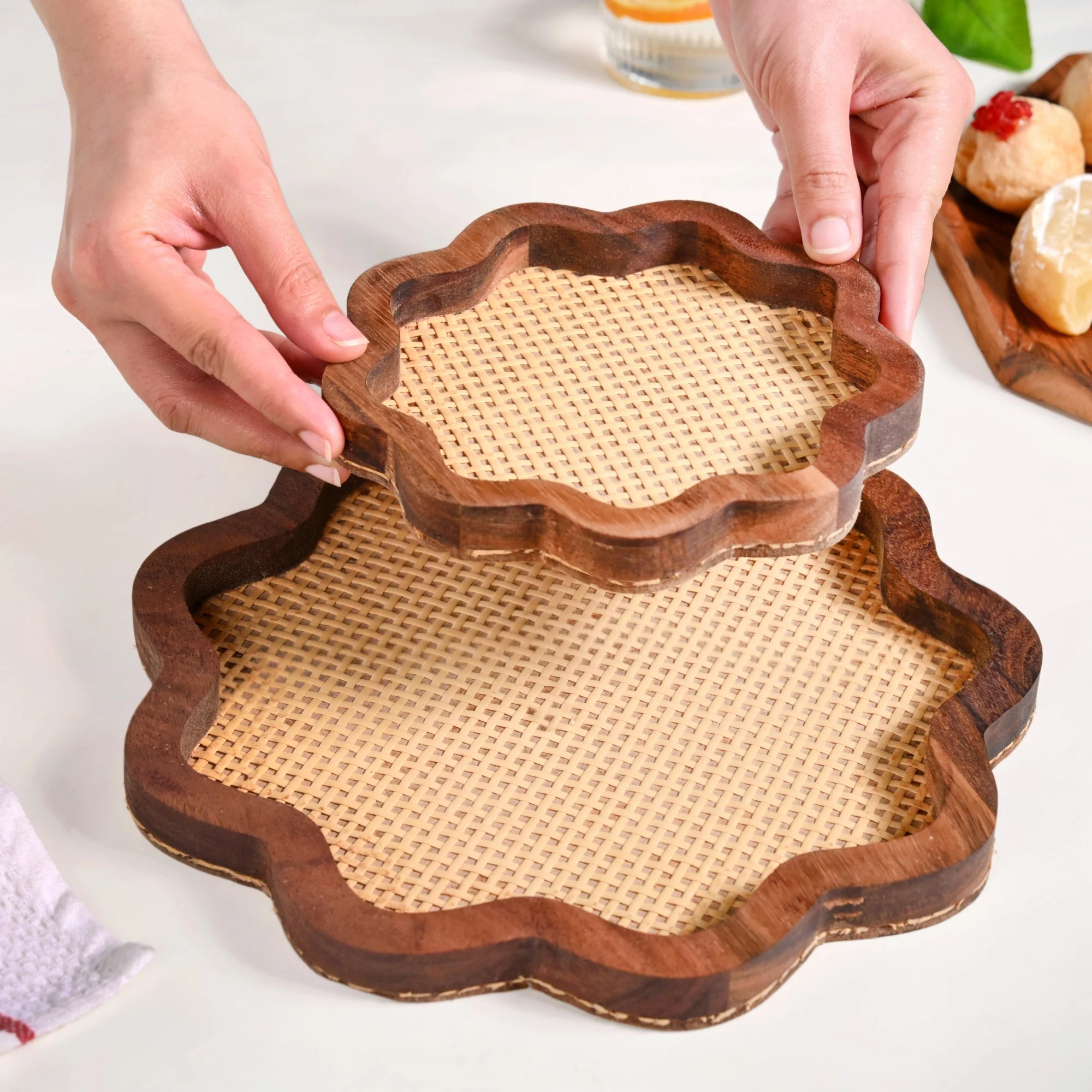 Flower Acacia Wooden Platter With Rattan Weave Set Of 2 - Image 3