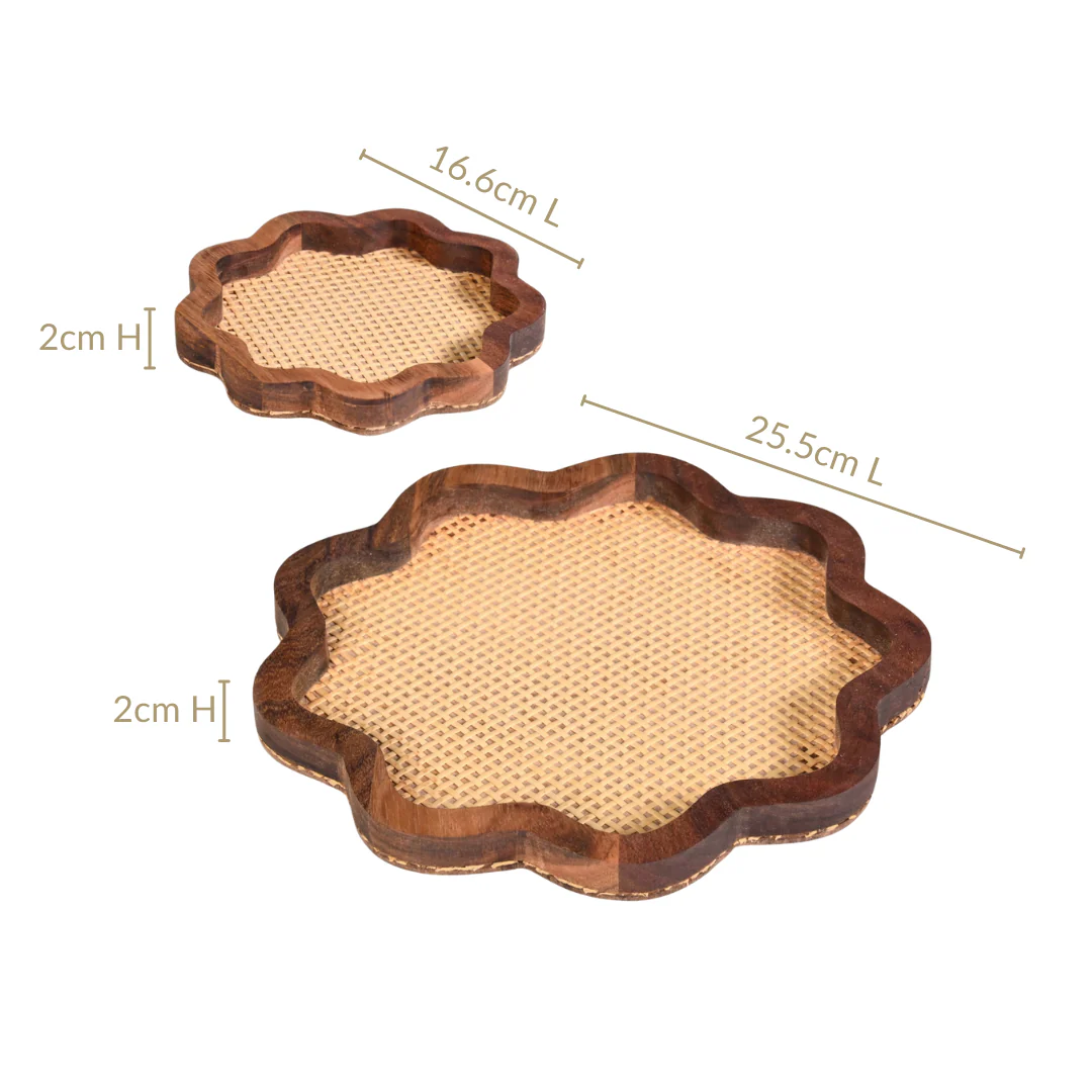 Flower Acacia Wooden Platter With Rattan Weave Set Of 2 - Image 4