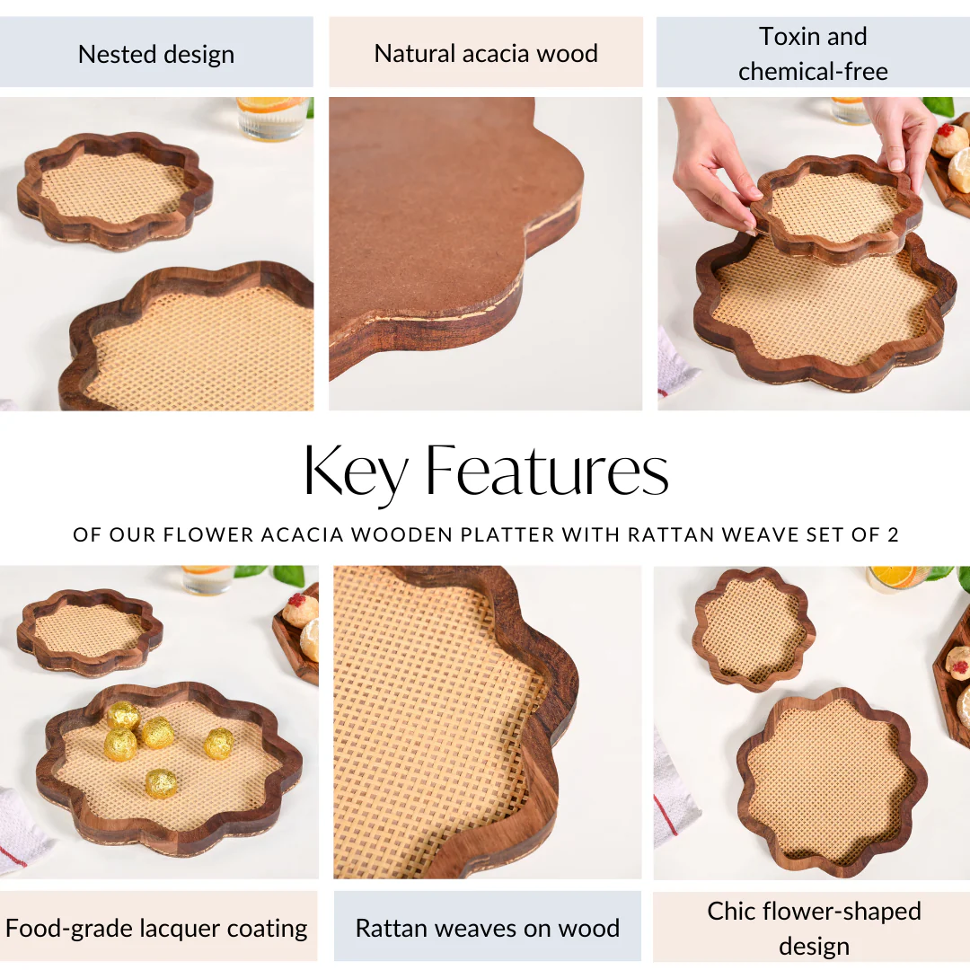 Flower Acacia Wooden Platter With Rattan Weave Set Of 2 - Image 5