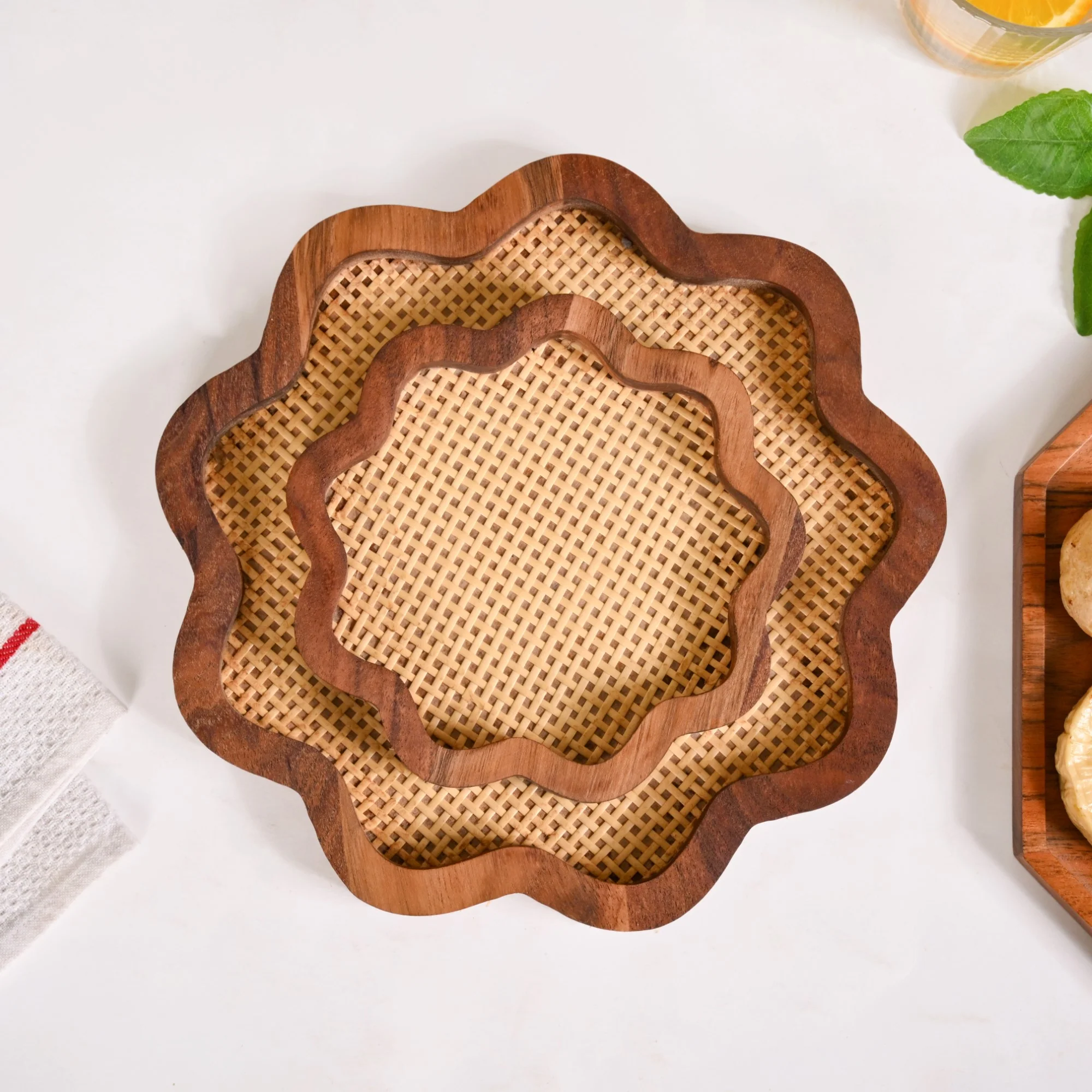 Flower Acacia Wooden Platter With Rattan Weave Set Of 2 - Image 6