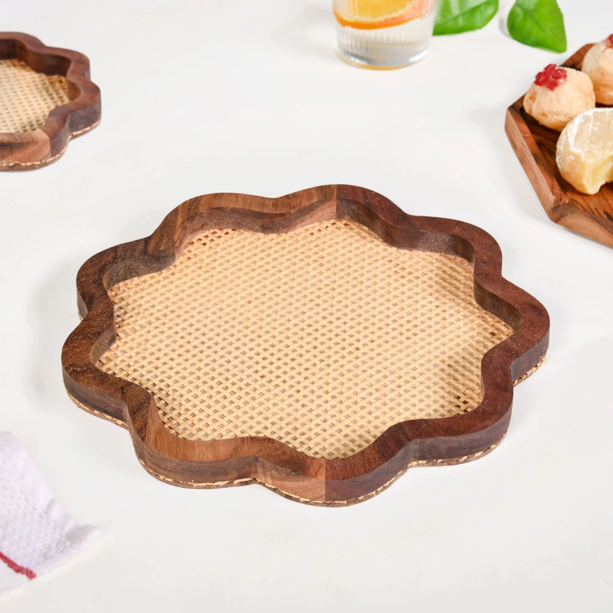 Flower Acacia Wooden Platter With Rattan Weave Set Of 2 - Image 7