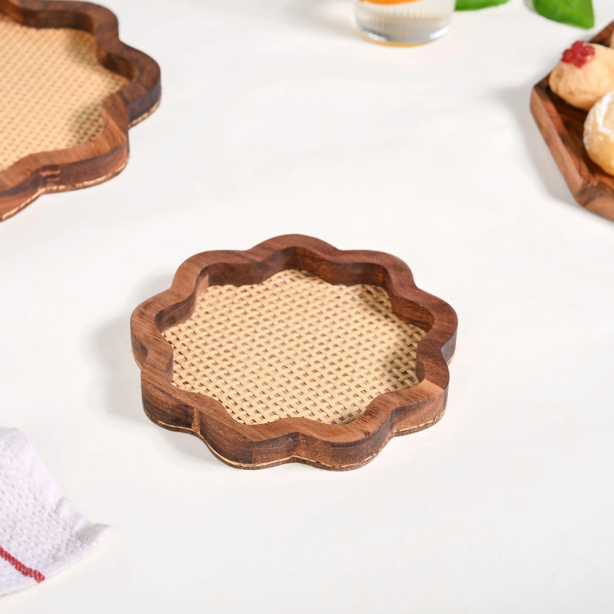 Flower Acacia Wooden Platter With Rattan Weave Set Of 2 - Image 8