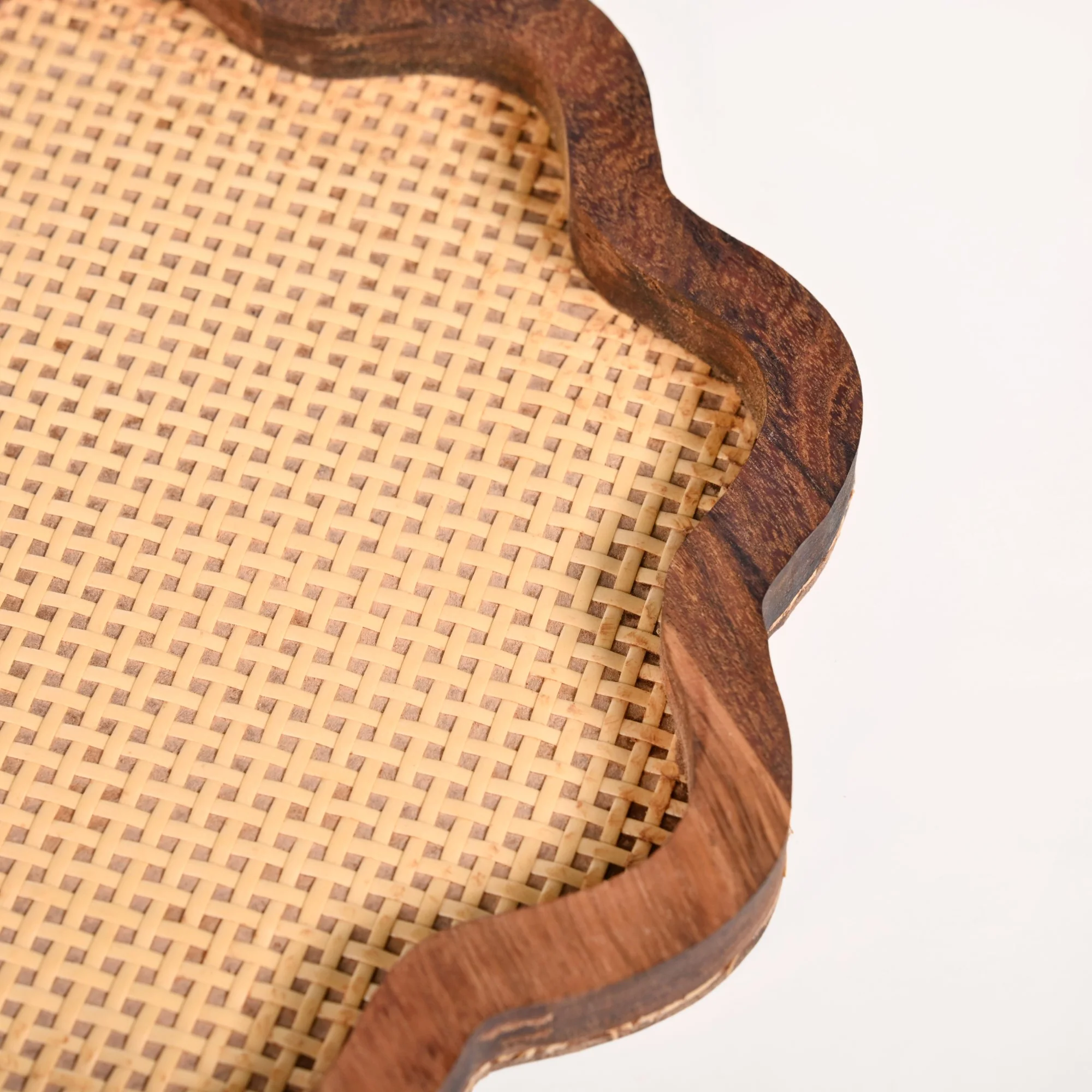 Flower Acacia Wooden Platter With Rattan Weave Set Of 2 - Image 9