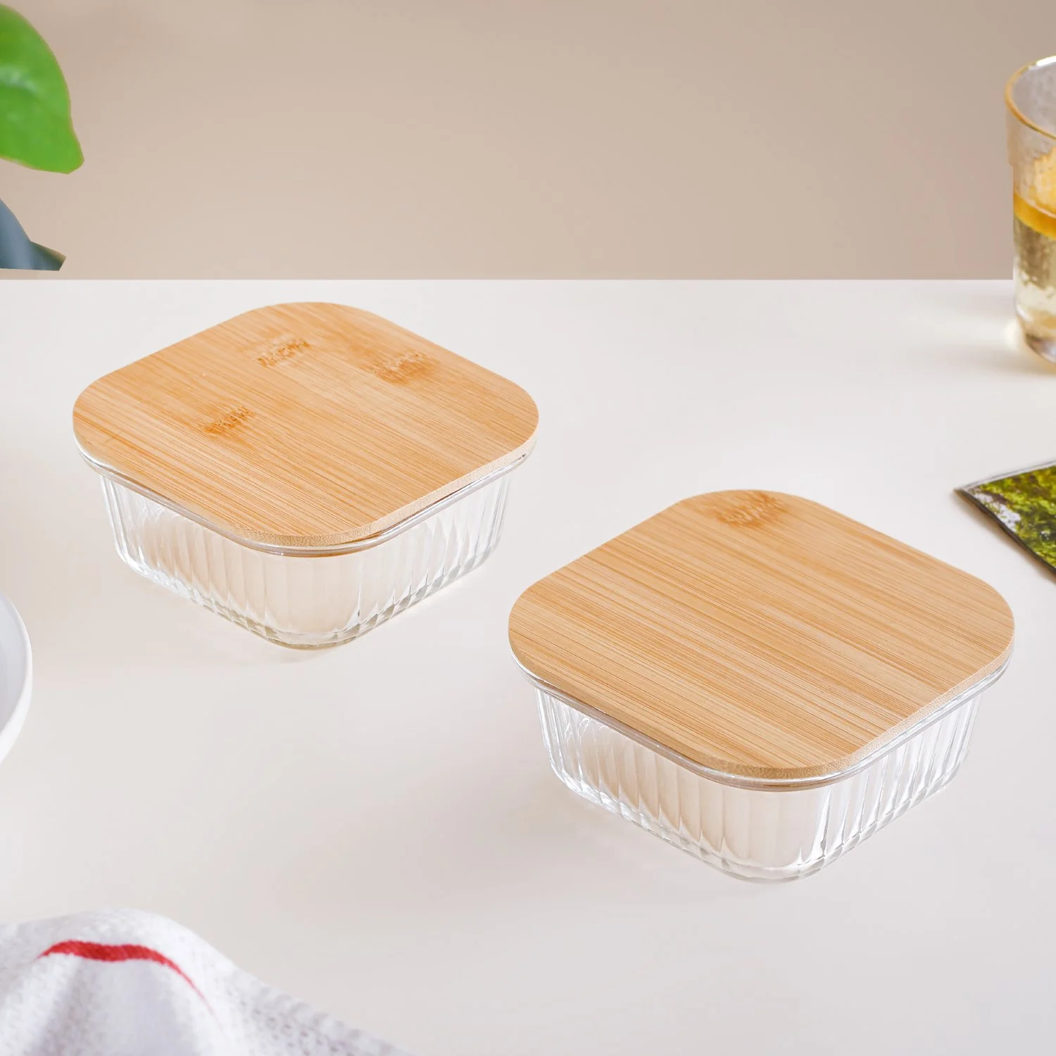 Fluted Glass Container With Bamboo Lid Medium Set Of 2 500ml - Image 3