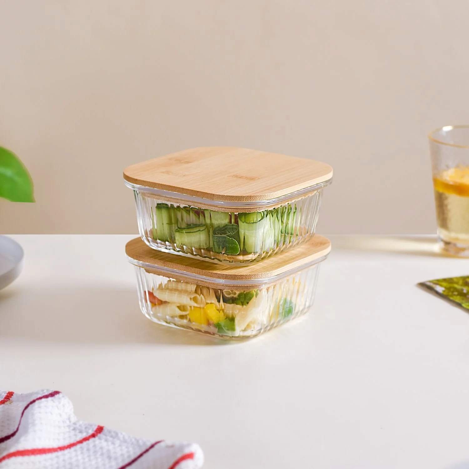 Fluted Glass Container With Bamboo Lid Medium Set Of 2 500ml - Image 4