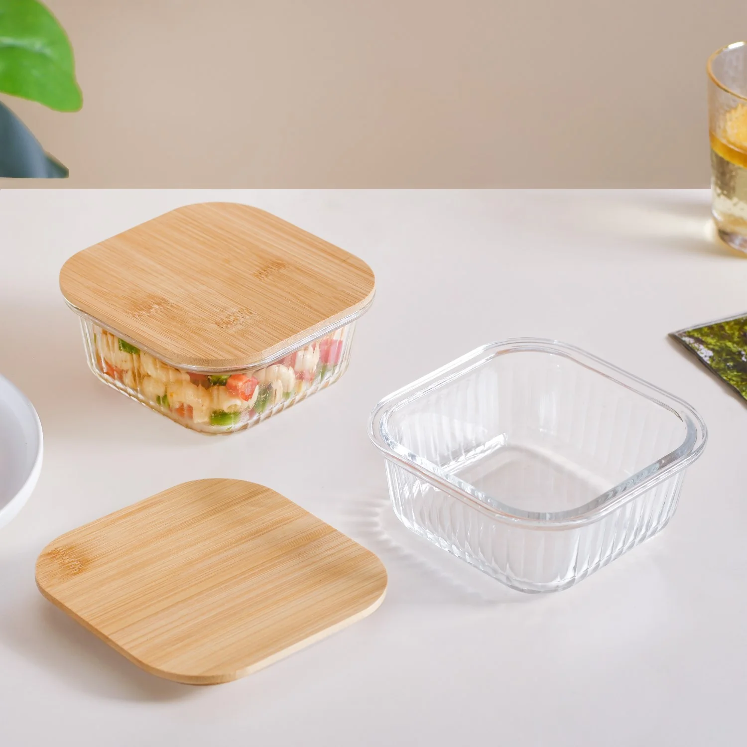 Fluted Glass Container With Bamboo Lid Medium Set Of 2 500ml - Image 7