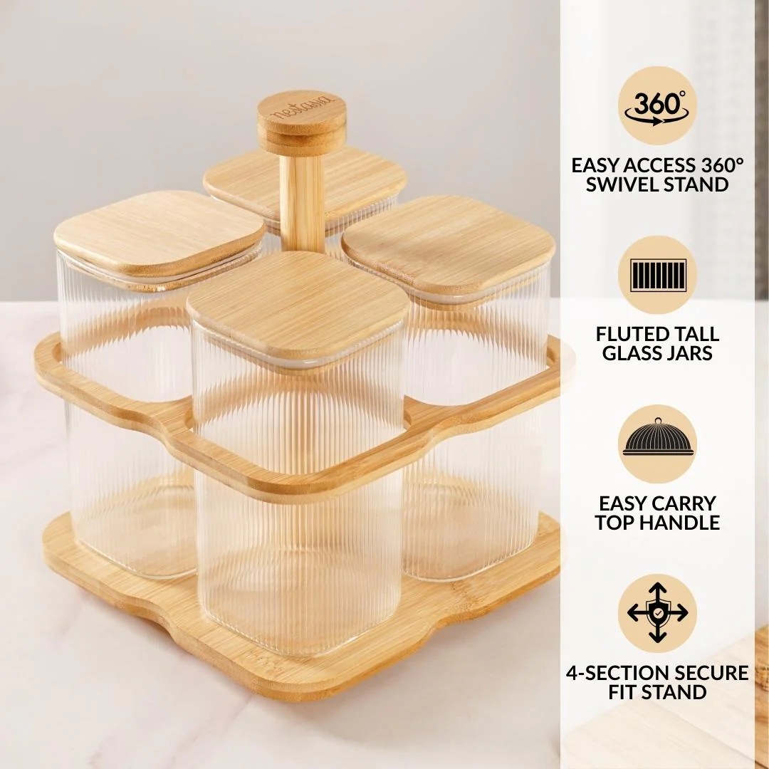 Fluted Storage Airtight Jar With Rotating Stand Set Of 5 750ml - Image 2