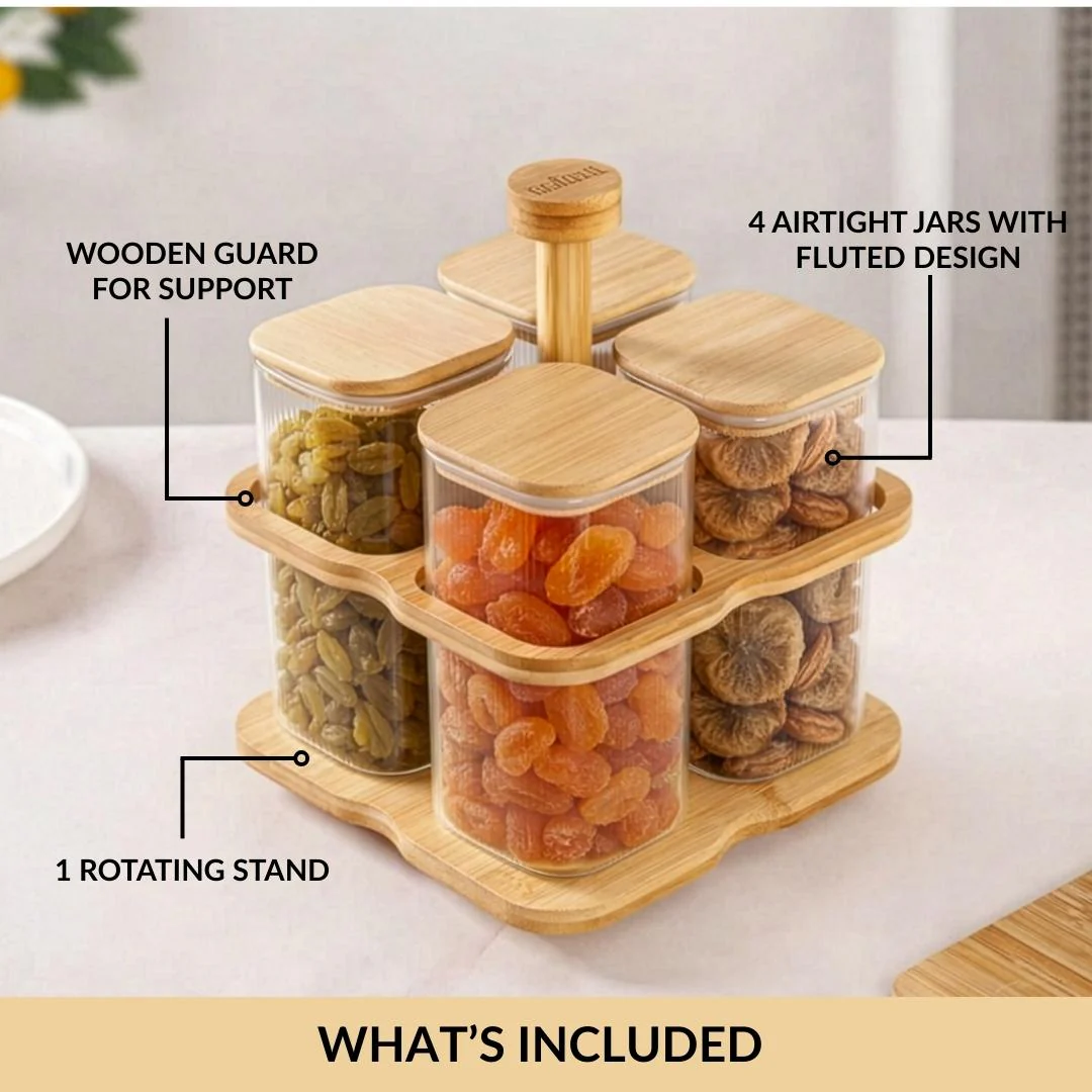 Fluted Storage Airtight Jar With Rotating Stand Set Of 5 750ml - Image 3