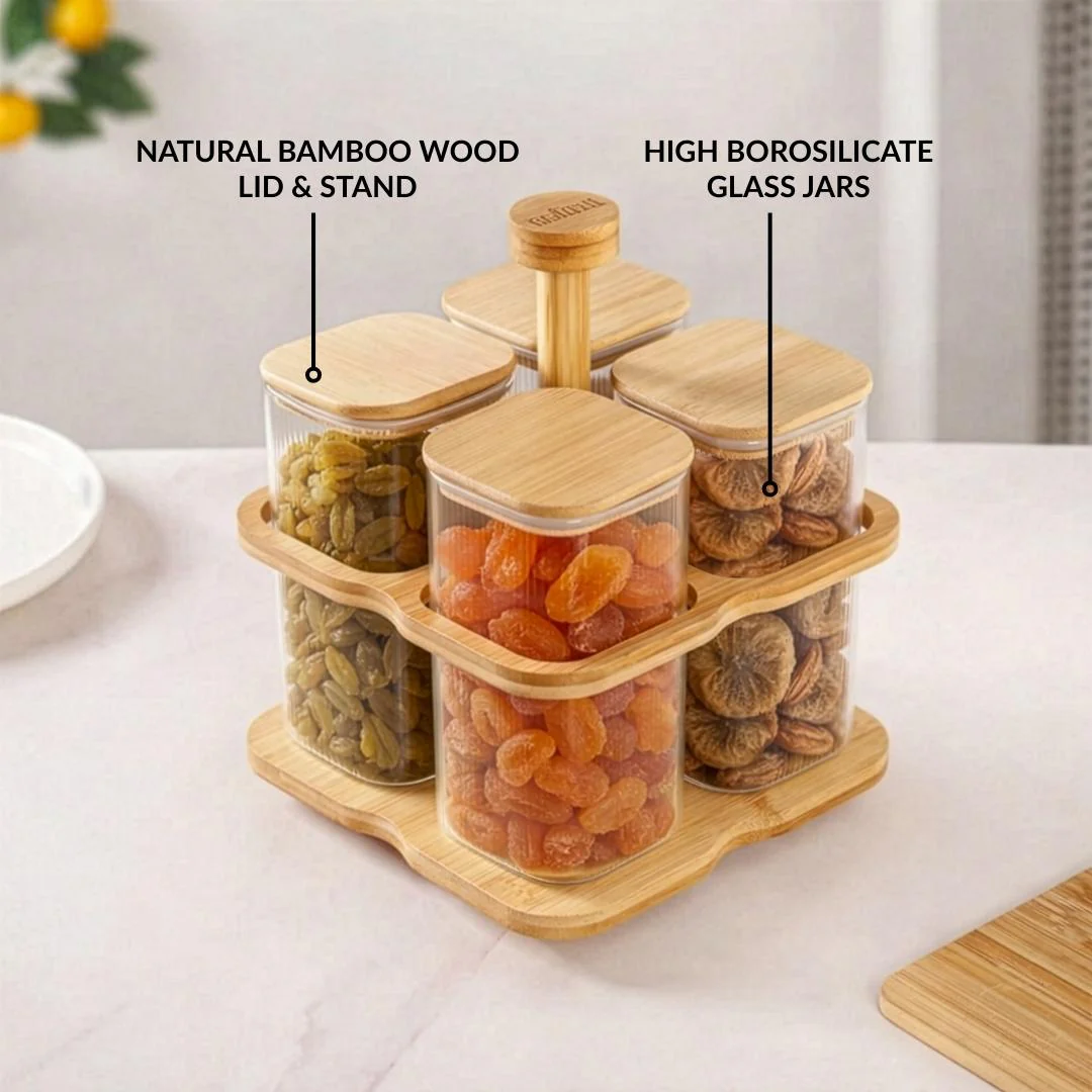Fluted Storage Airtight Jar With Rotating Stand Set Of 5 750ml - Image 4