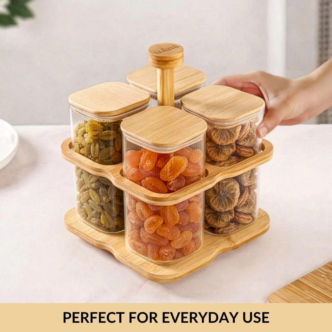 Fluted Storage Airtight Jar With Rotating Stand Set Of 5 750ml - Image 6