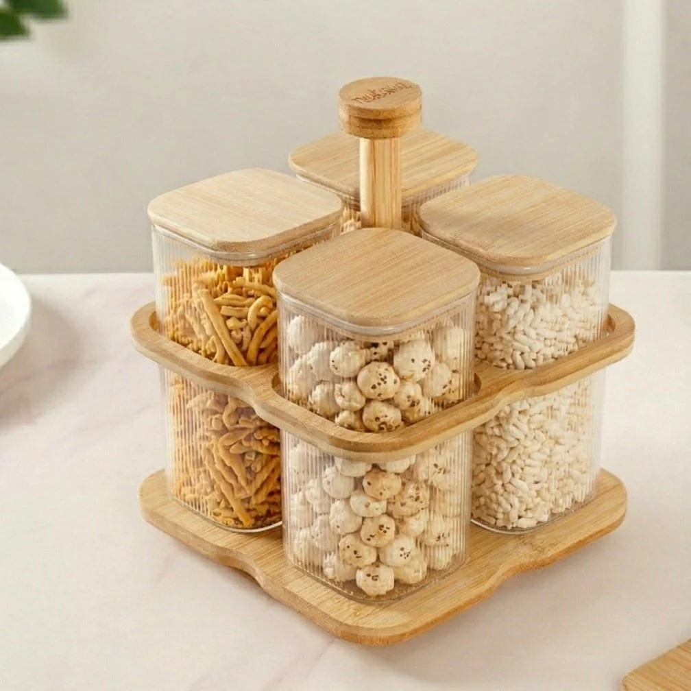 Fluted Storage Airtight Jar With Rotating Stand Set Of 5 750ml - Image 7