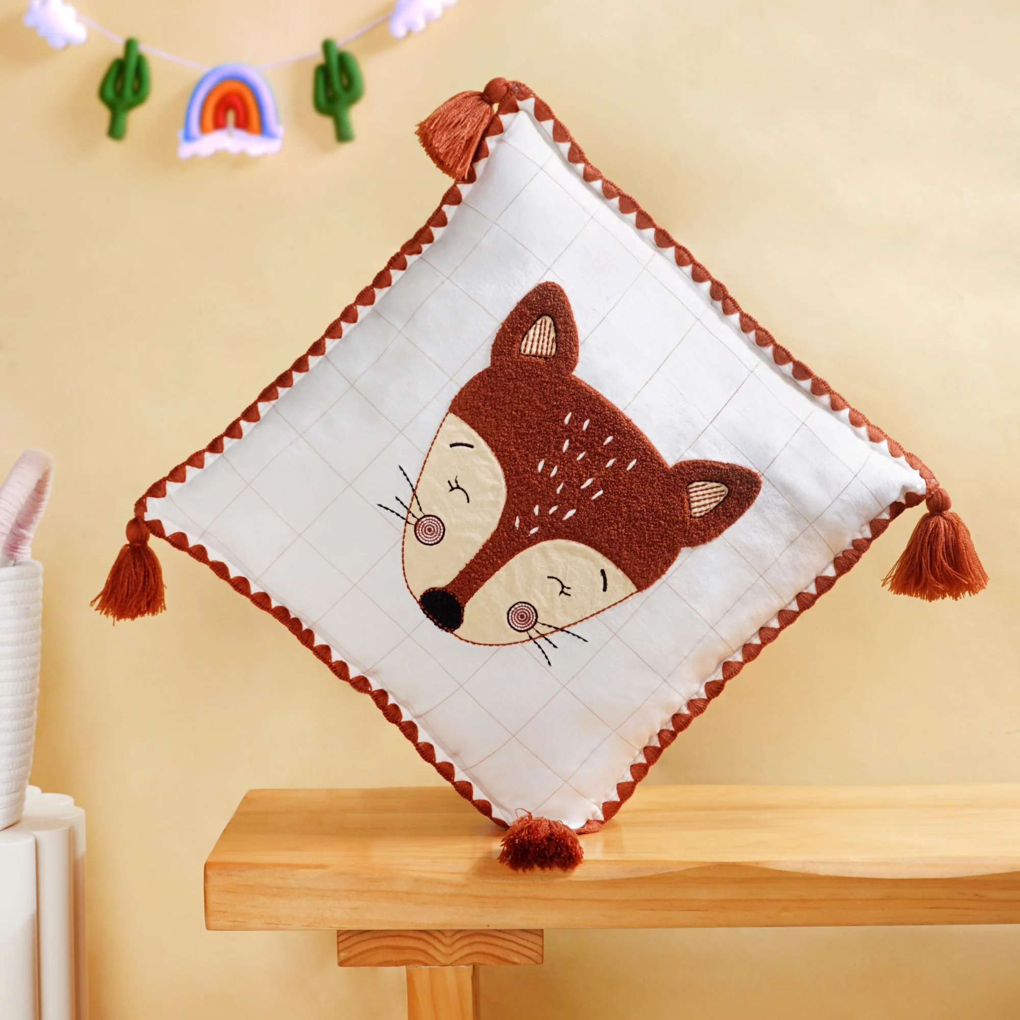 Fox Embroidered Cotton Kids Cushion Cover 42x42cm - Image 2
