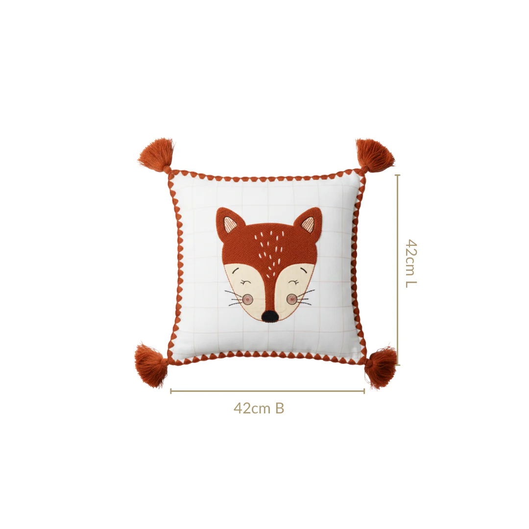 Fox Embroidered Cotton Kids Cushion Cover 42x42cm - Image 3