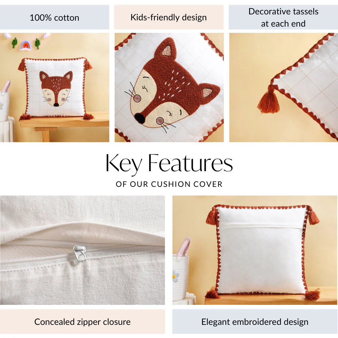 Fox Embroidered Cotton Kids Cushion Cover 42x42cm - Image 4