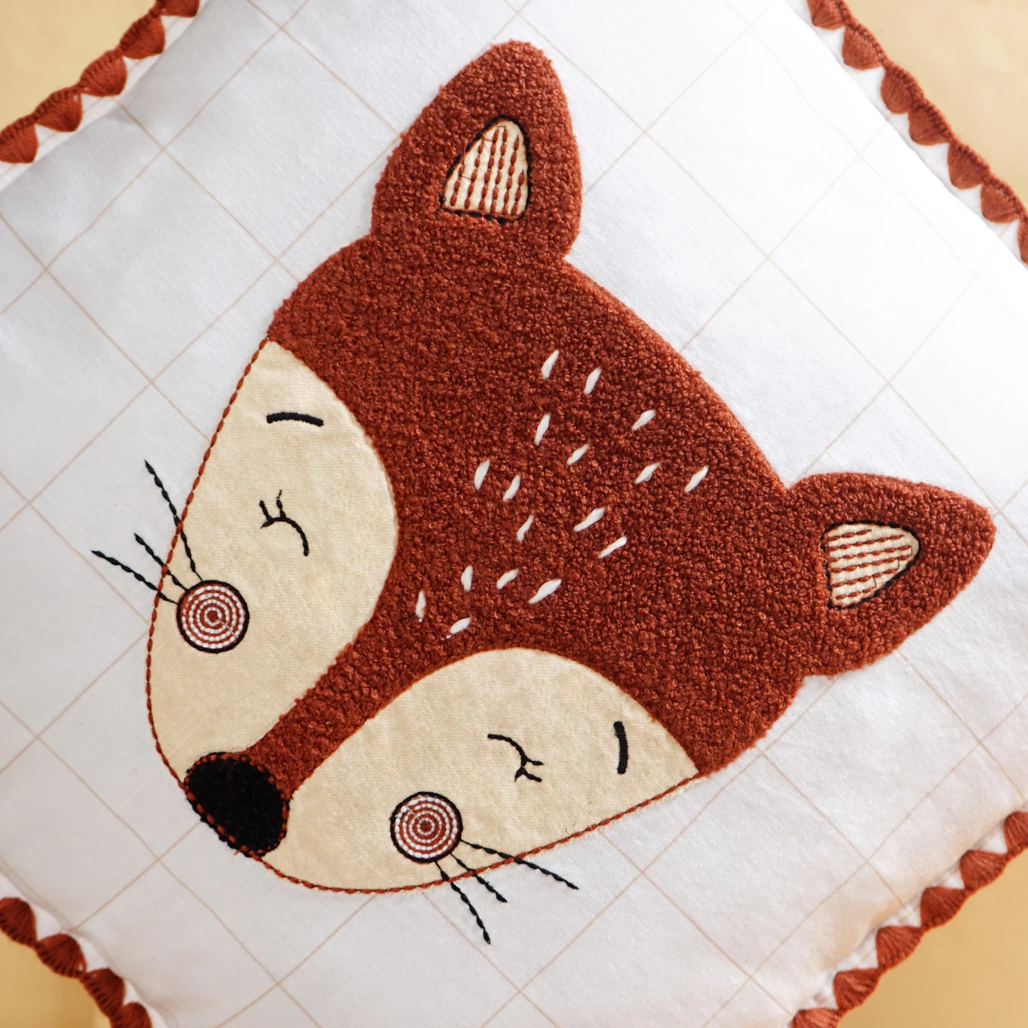Fox Embroidered Cotton Kids Cushion Cover 42x42cm - Image 5
