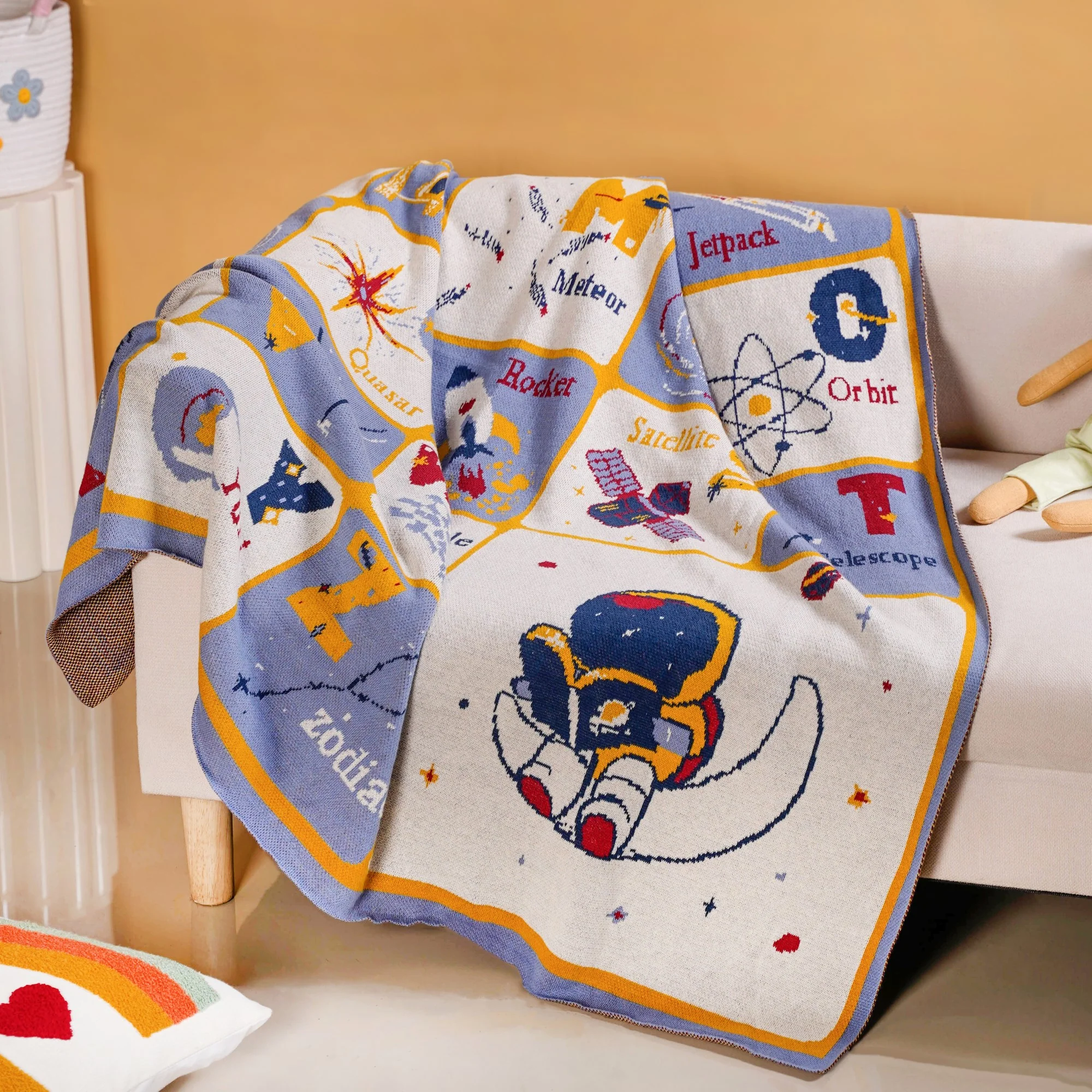 Galaxy Alphabet ABCD Knitted Kids Learning Cotton Throw 152x125cm - Image 2