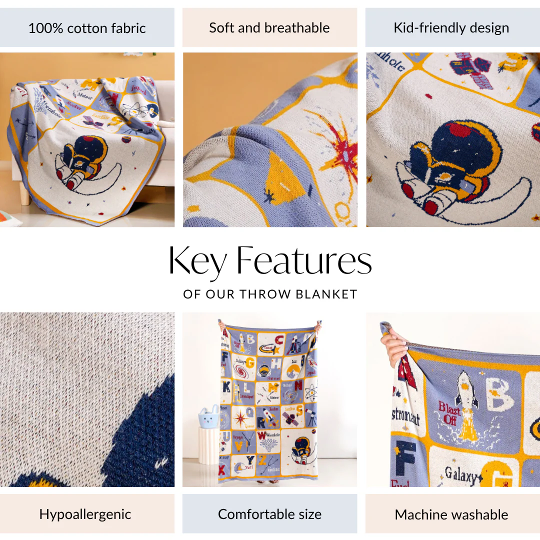 Galaxy Alphabet ABCD Knitted Kids Learning Cotton Throw 152x125cm - Image 4