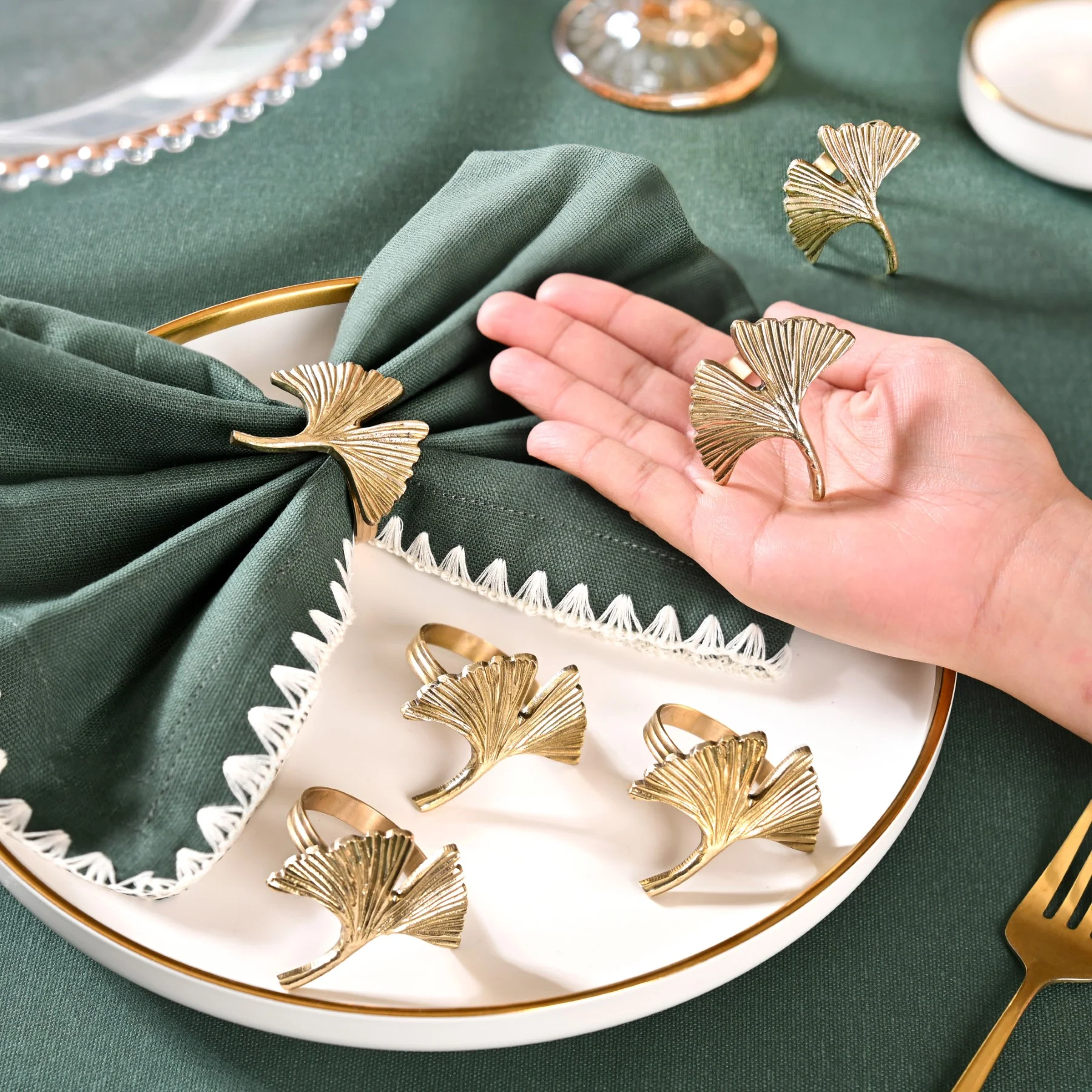 Gingko Leaf Napkin Ring In Pure Brass Set Of 6 Gold - Image 2
