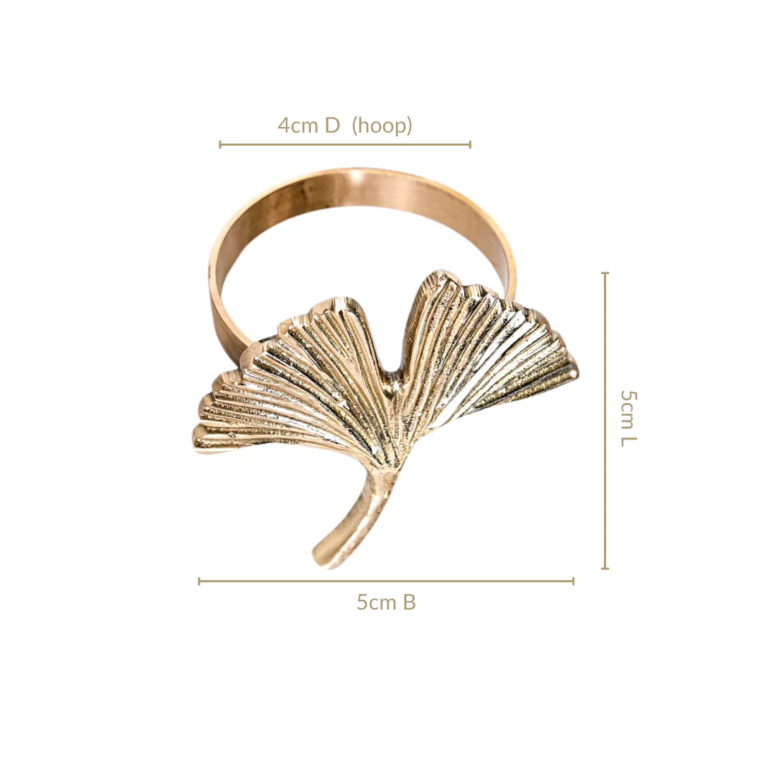 Gingko Leaf Napkin Ring In Pure Brass Set Of 6 Gold - Image 3