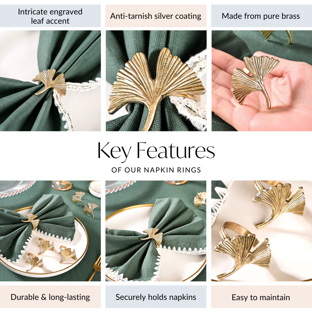 Gingko Leaf Napkin Ring In Pure Brass Set Of 6 Gold - Image 4