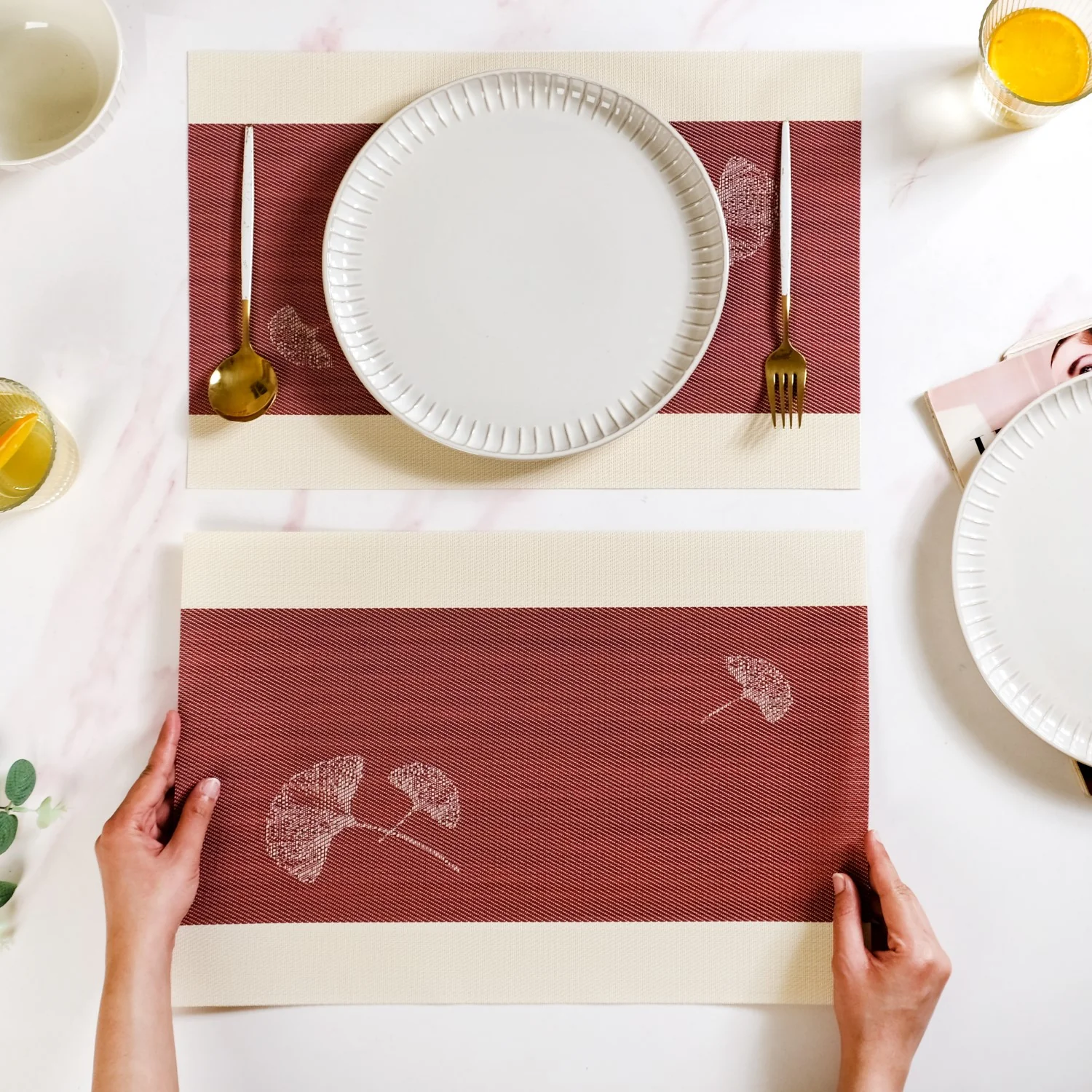 Ginkgo Maroon Table Mat Set Of 6 - Image 3