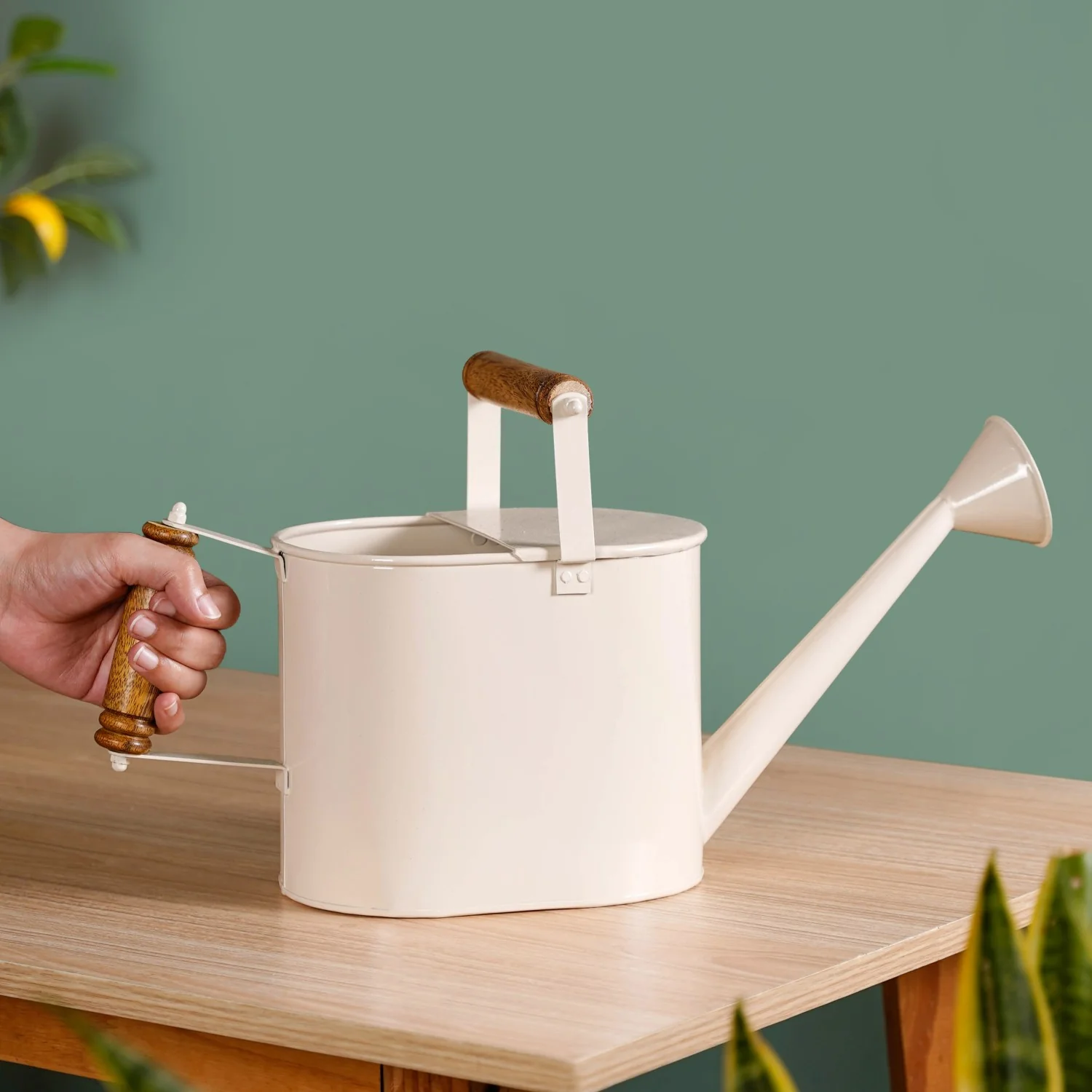 Glossy Finish Metal Plant Watering Can With Dual Wooden Handle - Image 3