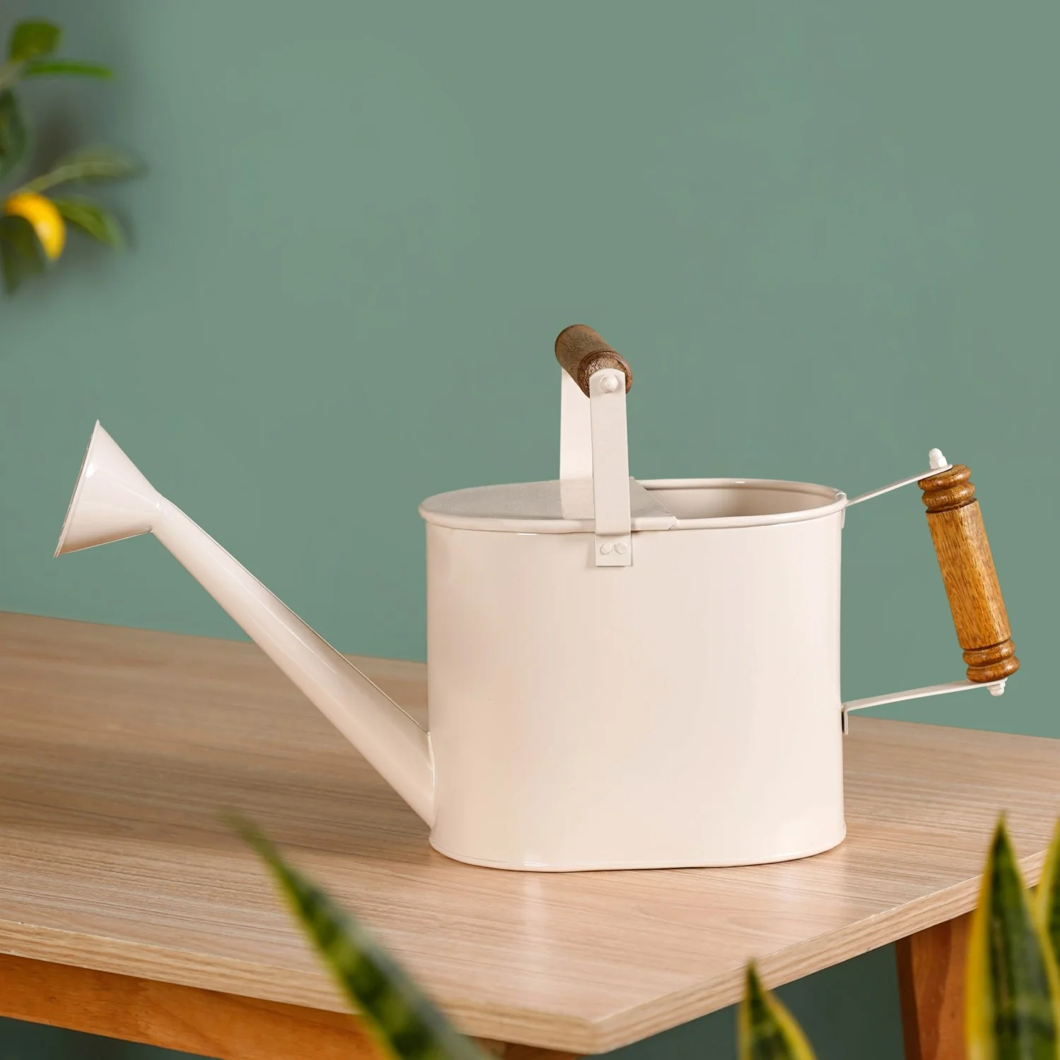 Glossy Finish Metal Plant Watering Can With Dual Wooden Handle - Image 4