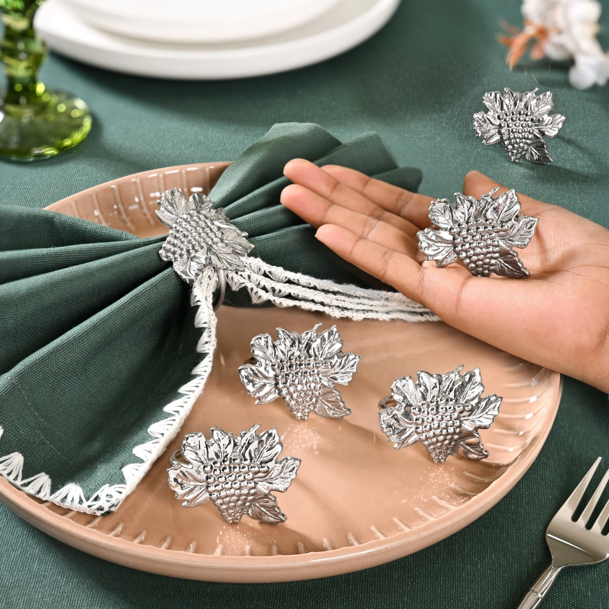 Grapes Pure Brass Napkin Ring Of 6 Silver - Image 2