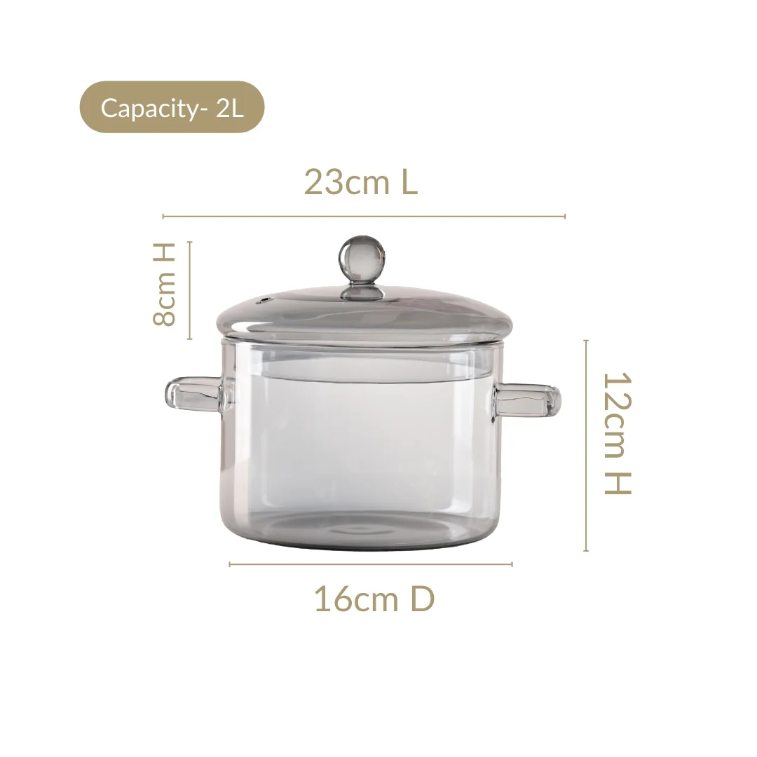 Grey Borosilicate Glass Cooking Pot With Reflective Lid 2L - Image 4