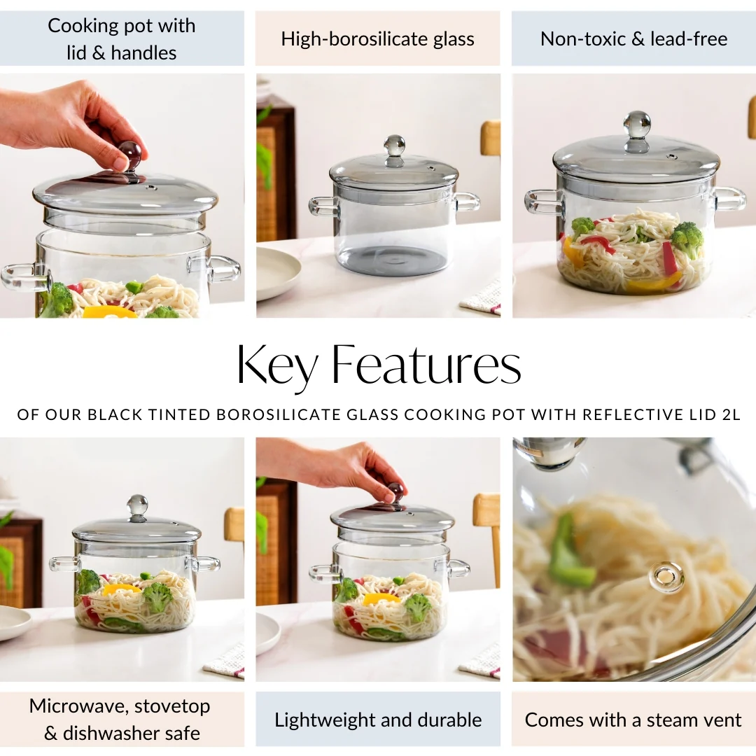 Grey Borosilicate Glass Cooking Pot With Reflective Lid 2L - Image 5