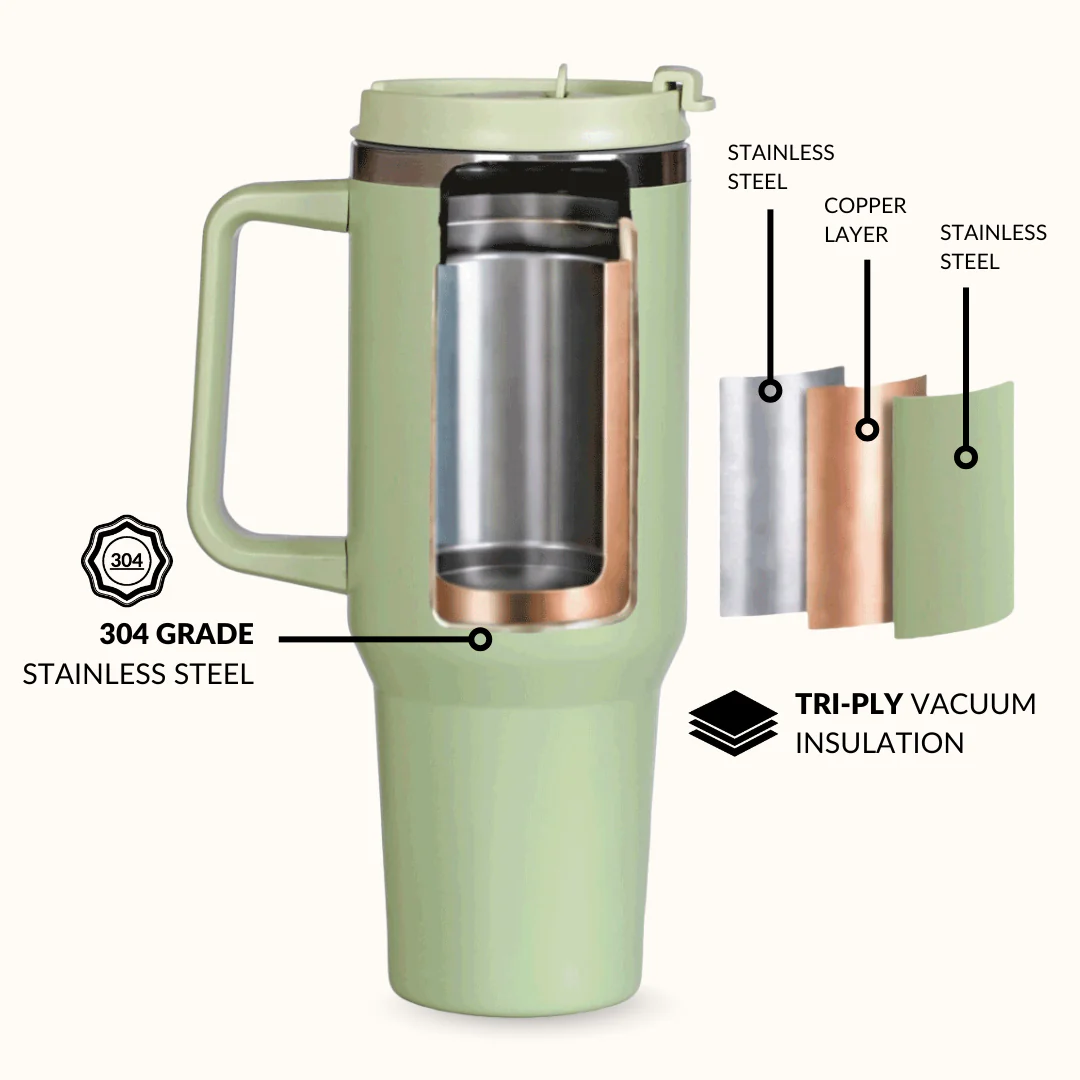 GripSip 40 Insulated Tumbler Bottle With Side Handle Pistachio Cream Green 1200ml - Image 6