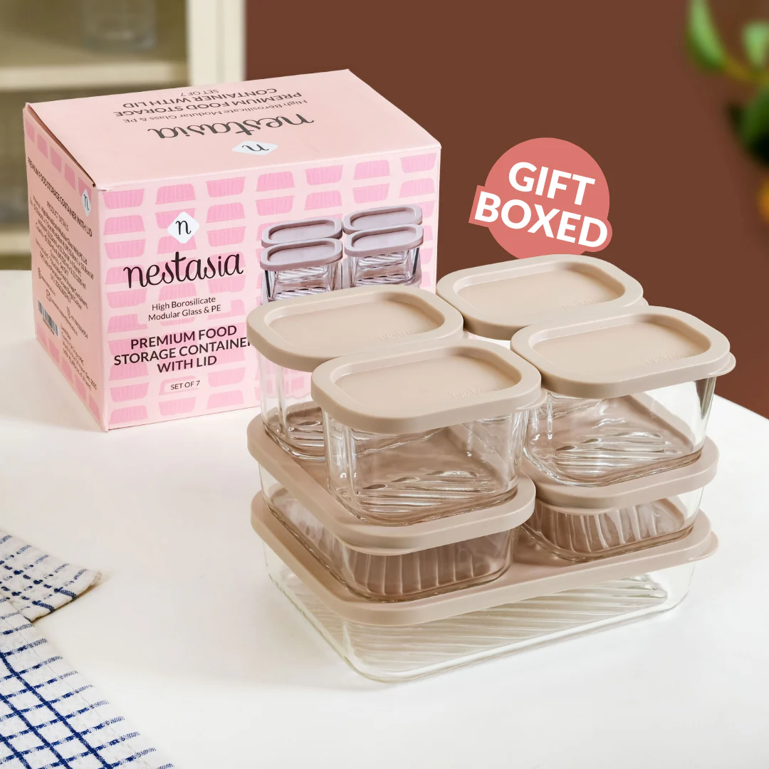 Groovo Borosilicate Premium Food Container With Lid Set Of 7 310ml 520ml 1200ml Beige - Image 11