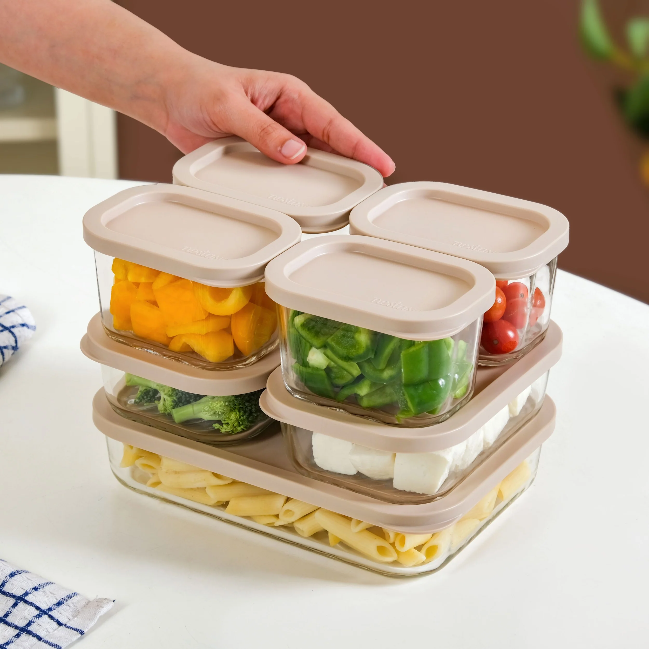 Groovo Borosilicate Premium Food Container With Lid Set Of 7 310ml 520ml 1200ml Beige - Image 2