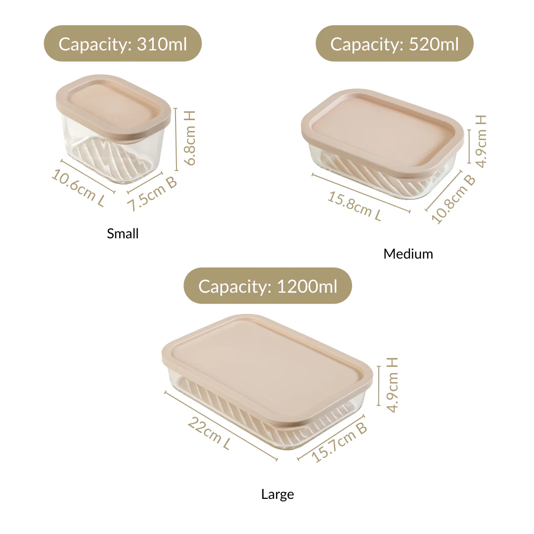 Groovo Borosilicate Premium Food Container With Lid Set Of 7 310ml 520ml 1200ml Beige - Image 4
