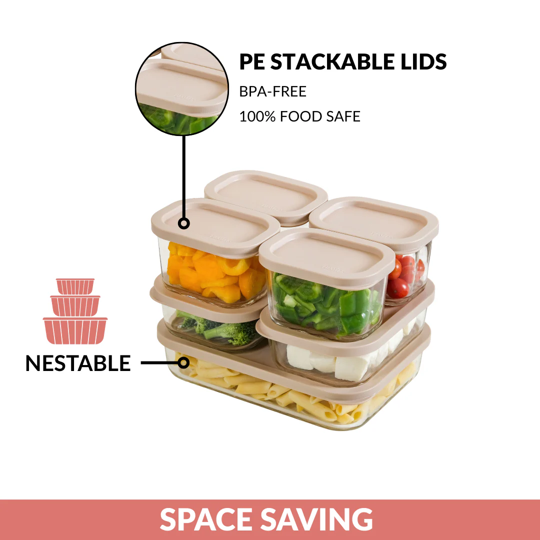 Groovo Borosilicate Premium Food Container With Lid Set Of 7 310ml 520ml 1200ml Beige - Image 8