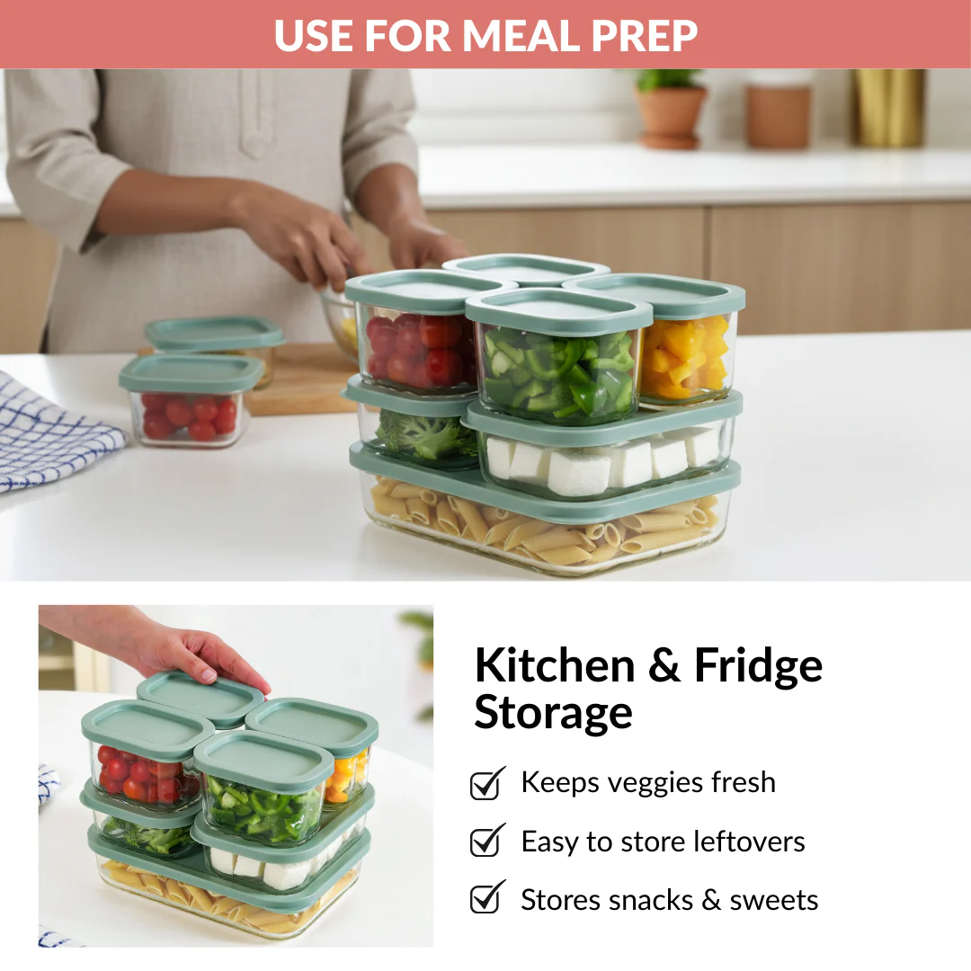 Groovo Borosilicate Premium Food Container With Lid Set Of 7 310ml 520ml 1200ml Green - Image 10