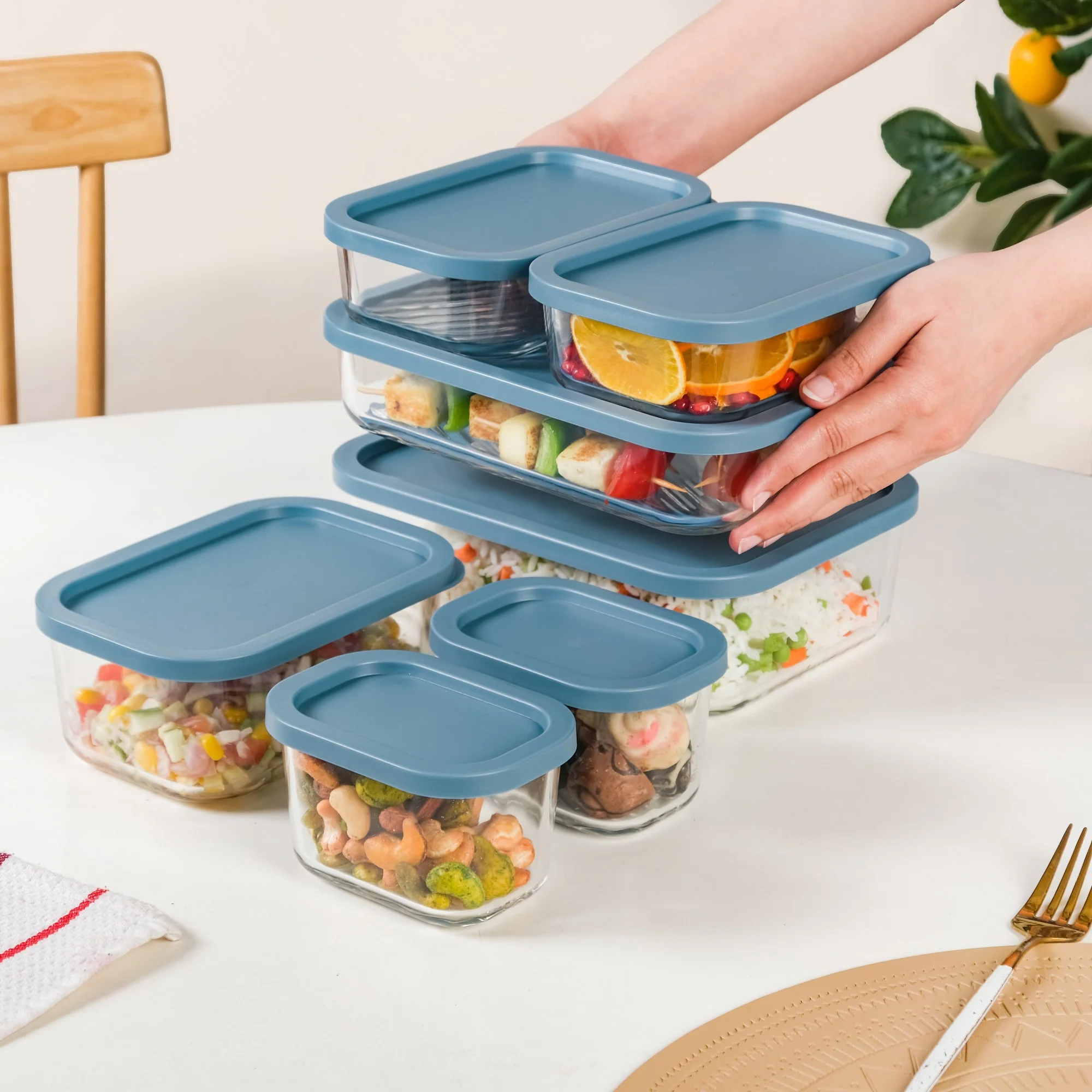 Groovo Stackable Glass Airtight Food Storage Containers Set Of 7 S 310ml M 520ml L 750ml XL 1200ml XXL 1700ml - Image 3