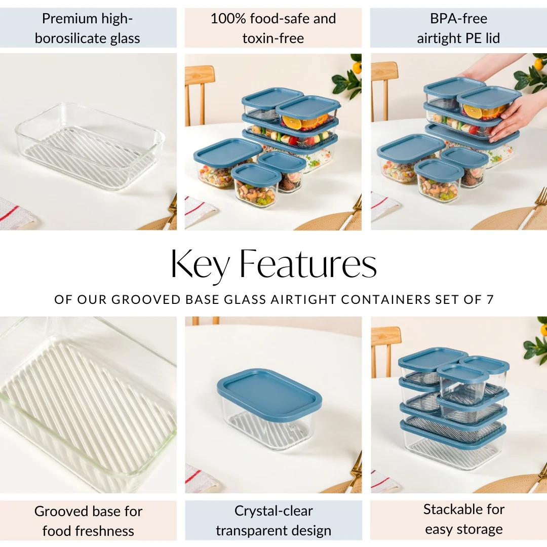 Groovo Stackable Glass Airtight Food Storage Containers Set Of 7 S 310ml M 520ml L 750ml XL 1200ml XXL 1700ml - Image 5