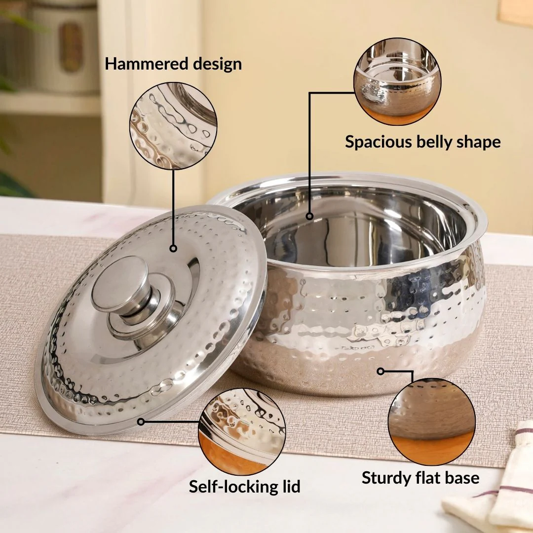 Hammered Stainless Steel Double Walled Casserole 2000ml - Image 5