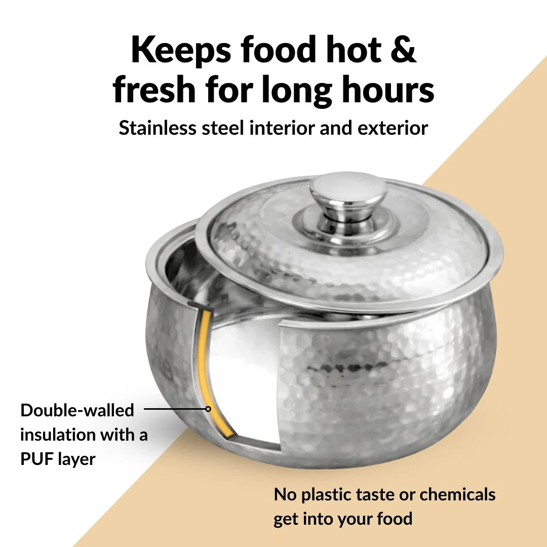 Hammered Stainless Steel Double Walled Casserole 2000ml - Image 6