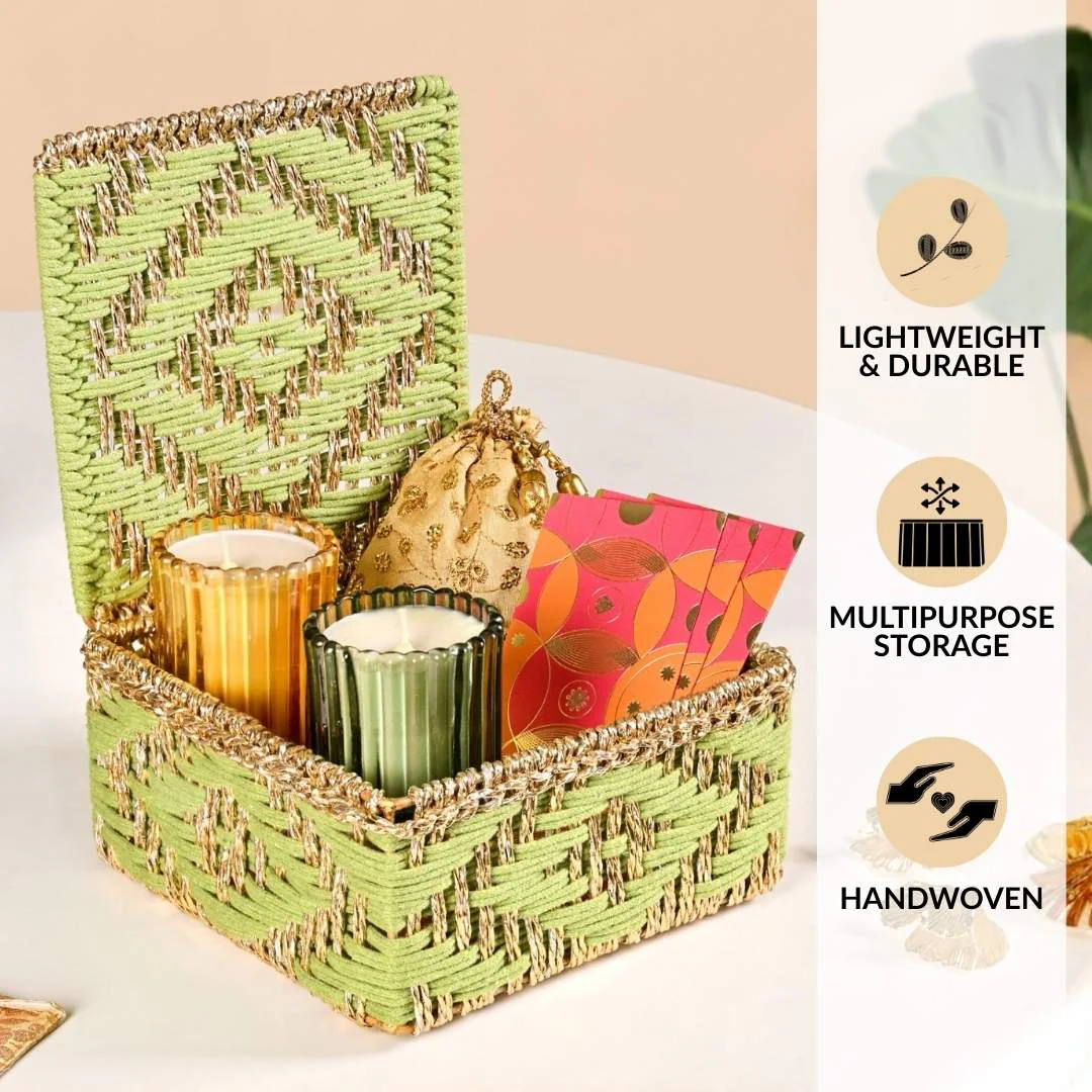 Handwoven Basket Gold And Green - Image 3