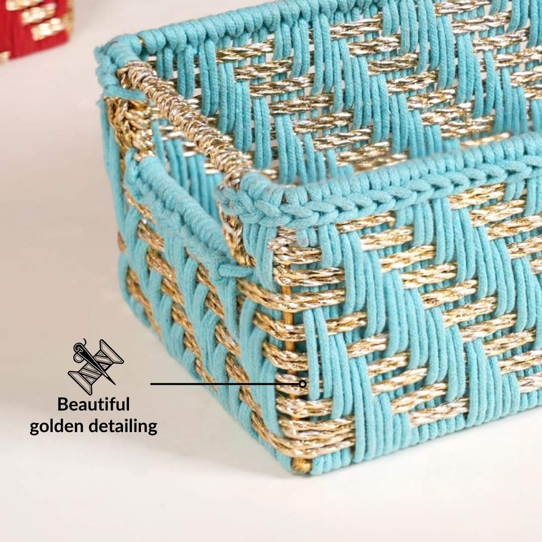Handwoven Gift Basket With Handles Blue And Gold - Image 10