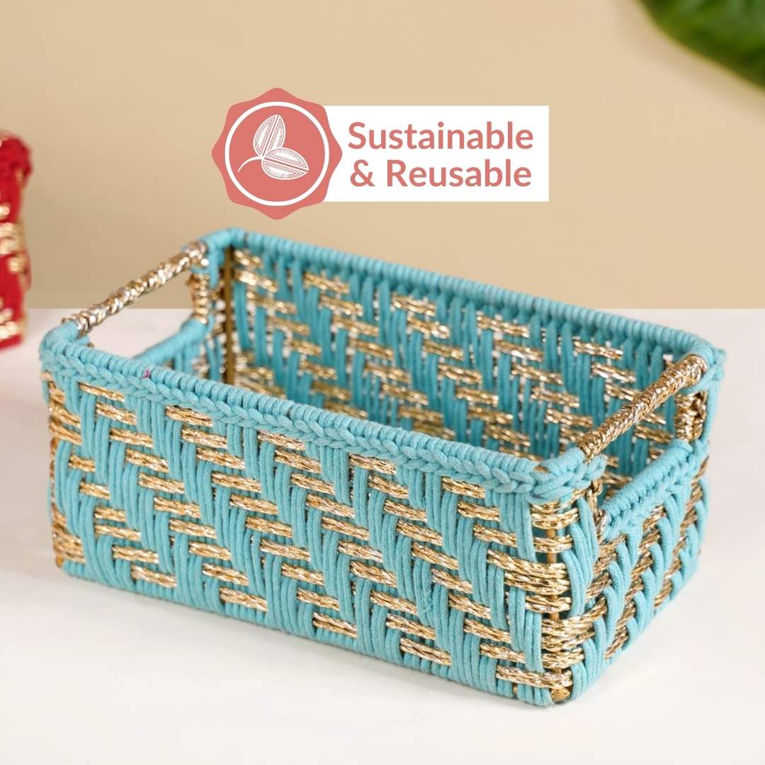 Handwoven Gift Basket With Handles Blue And Gold - Image 11